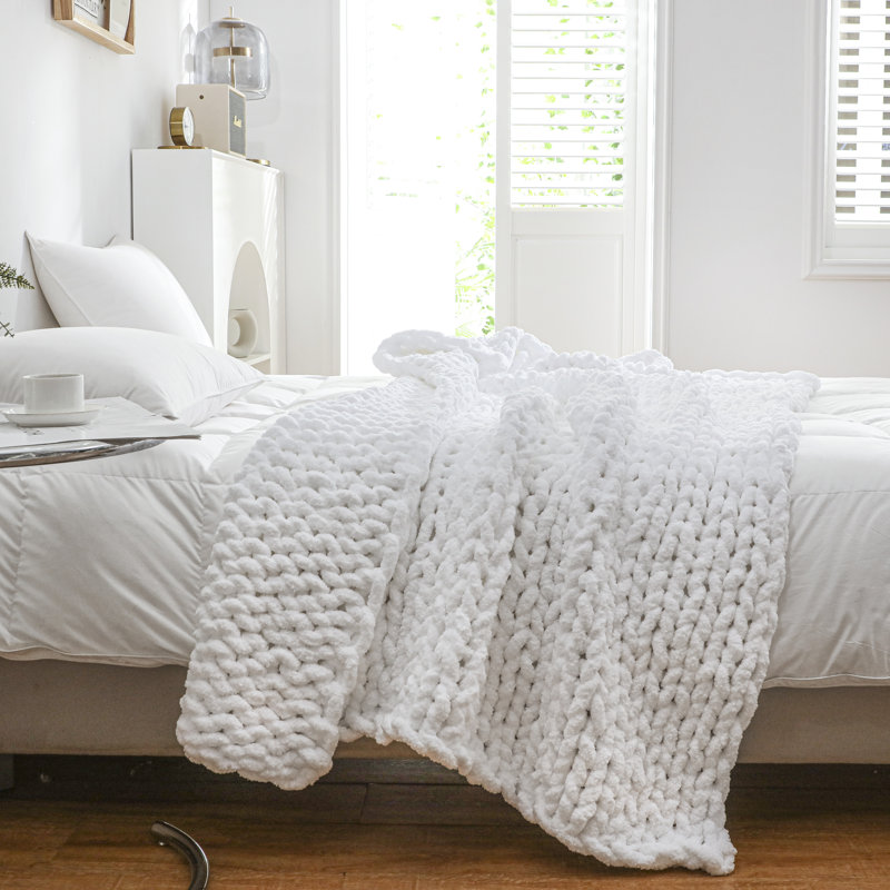 Jeté en chenille épais et tricoté à la main, Blanc