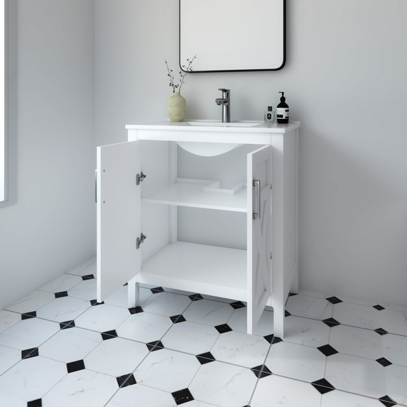 Ensemble de meuble-lavabo autoportant 30 po Amandie blanc mat avec plateau en céramique blanche, Blanc