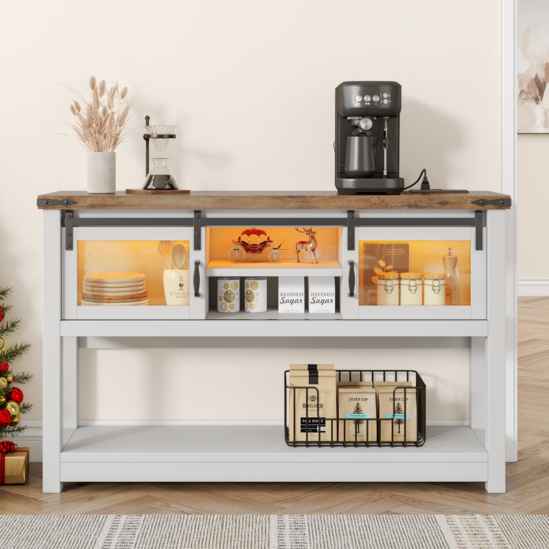 Farmhouse Coffee Bar With Storage,  Sofa Table With Sliding Barn Door White Coffee Buffet Cabinet With Charger Station, Console Table With Bottom Open Shelf, For Living Room