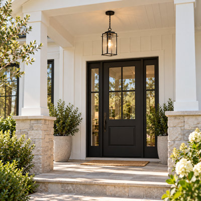 Lanterne suspendue d'extérieur 1 lumière Modern Farmhouse avec panneaux en verre transparent, cadre en métal noir pour porche et entrée
