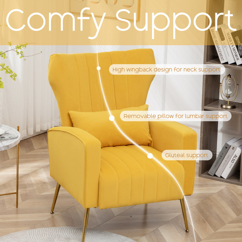 Yellow Velvet Wingback Accent Chairs with Pillows, Set of 2