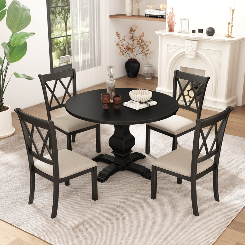  Cuthbert 5-Piece Dining Set, Pedestal Round Table With 4 Stylish Chairs, Black
