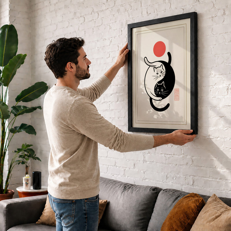 Yin Yang Cats Japandi - Framed Print, A4 - 29.7 x 21.0 cm, White