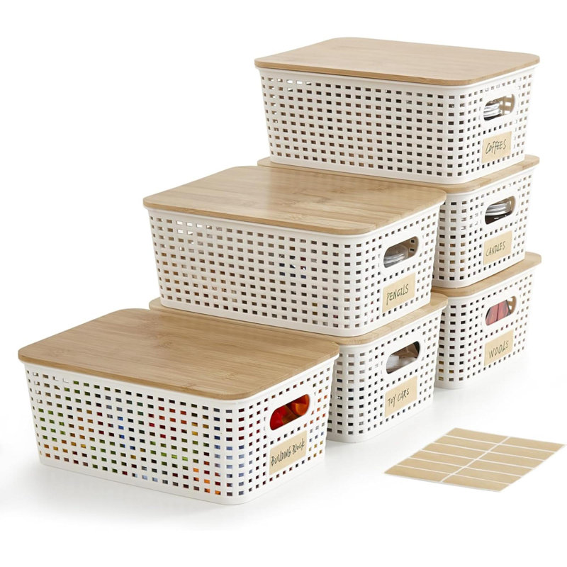 Plastic Storage Bins With Bamboo Lids  Stackable Box Basket Pantry Decorative Containers Cute With Lable For Organizing Desktop Closet Office Cream Of 6 Packs