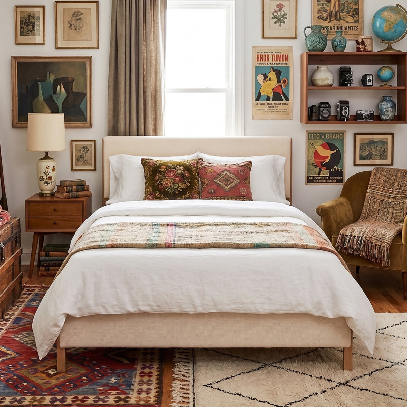 Lit tapissier moderne moderne, double, lin blanc, White, Full