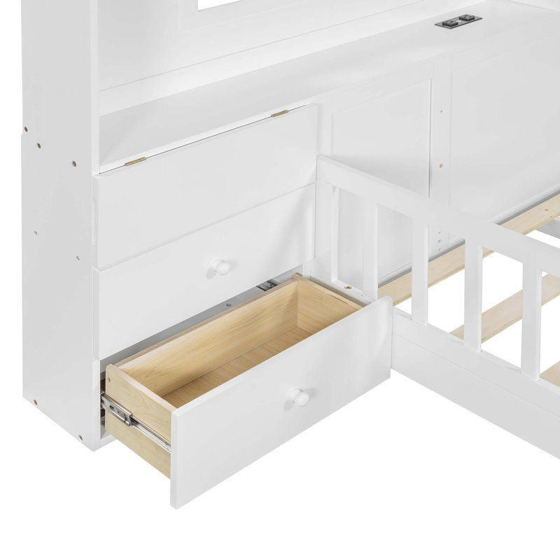 Full Size House Bed With Window And Bedside Drawers, Platform Bed With Shelves And A Set Of Sockets And USB Port, Full