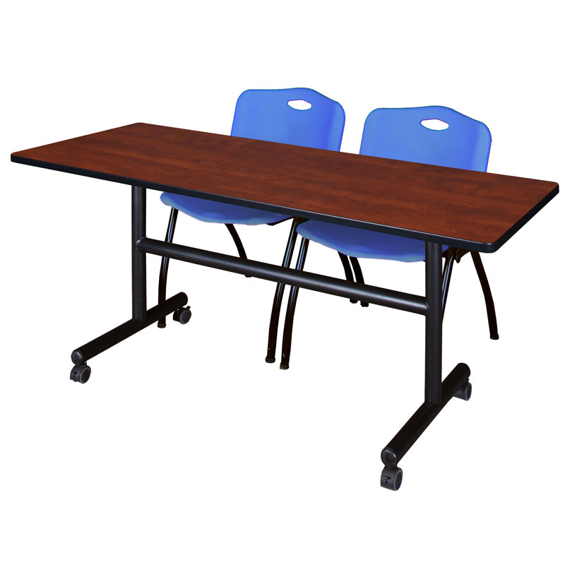 Table gigogne d'appoint Nevjana, 2 chaises empilables, Bleu, H 29 po x l 72 po x P 30 po, Acajou