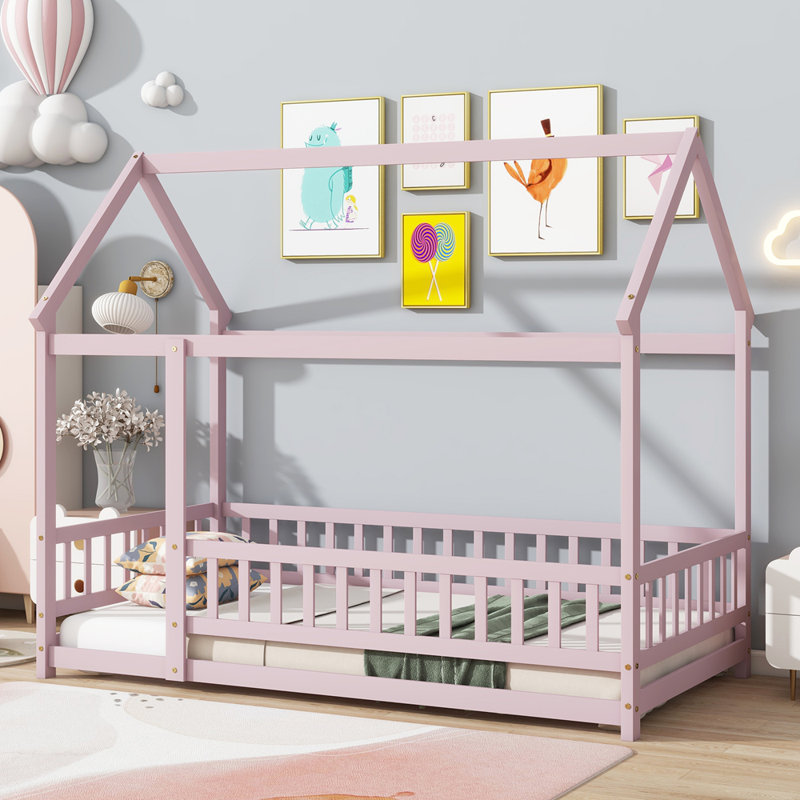 Twin Size House Floor Wooden Bed with Roof Frame,Safety Guardrails, Pink