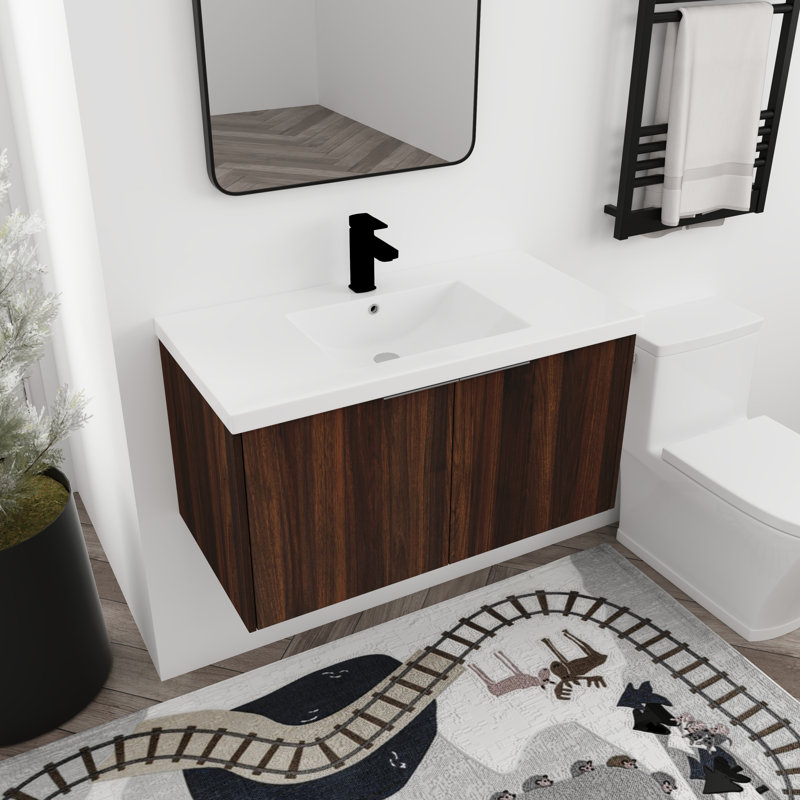36" Wall Mounted Single Bathroom Vanity with Resin Vanity Top, California  Walnut