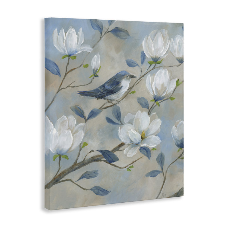 Oiseau bleu et toile magnolia, design par Nan, H 40 po x l 30 po