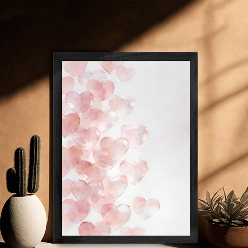Aquarelle encadrée noire, ballons de cœur, impression amour, impression sur le thème de la Saint-Valentin, H 25 po x l 17 po