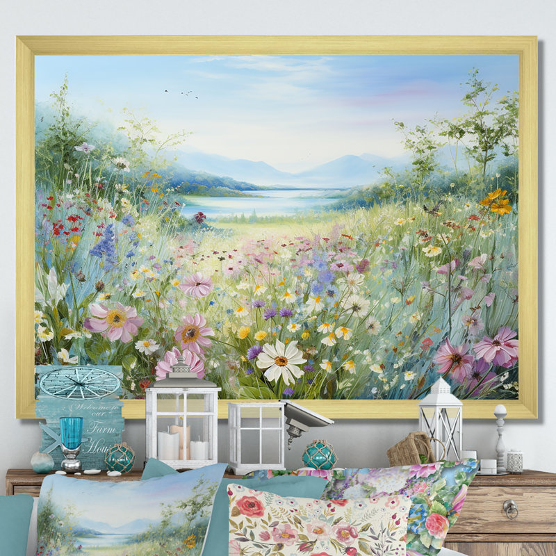 Simplity Wreath Green Flower Field - Art mural grand champ de fleurs, H 12 po x l 20 po x P 1 po, Cadre flottant brun