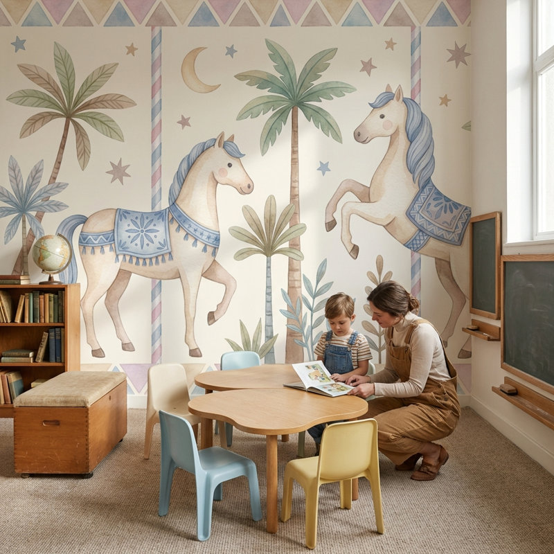 Murale géométrique pastel Whimsical Horses, 120"x96", Peler et coller