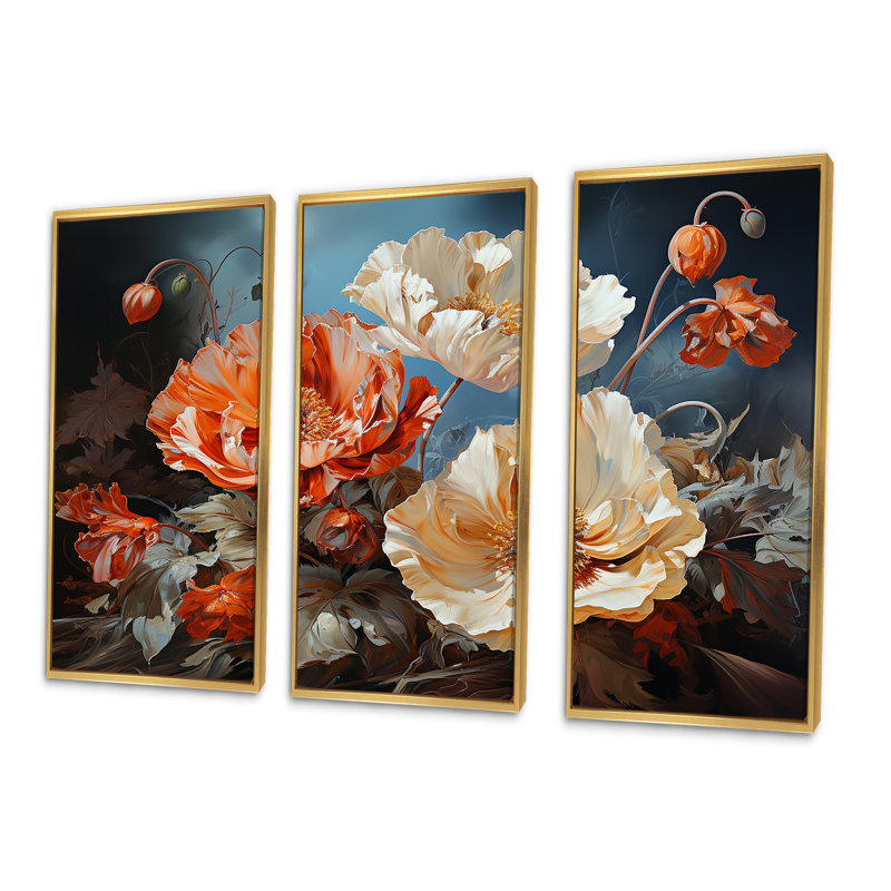 Vivid Poppy Moments III - Ensemble d'art mural coquelicots, Cadre flottant doré, H 40 po x l 60 po x P 1 po