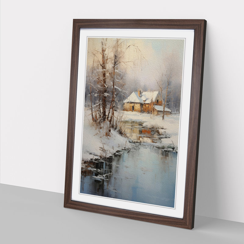Winter Landscape Impressionism - Single Picture Frame Print on Wood, 34cm H x 25cm W x 2cm D, Walnut