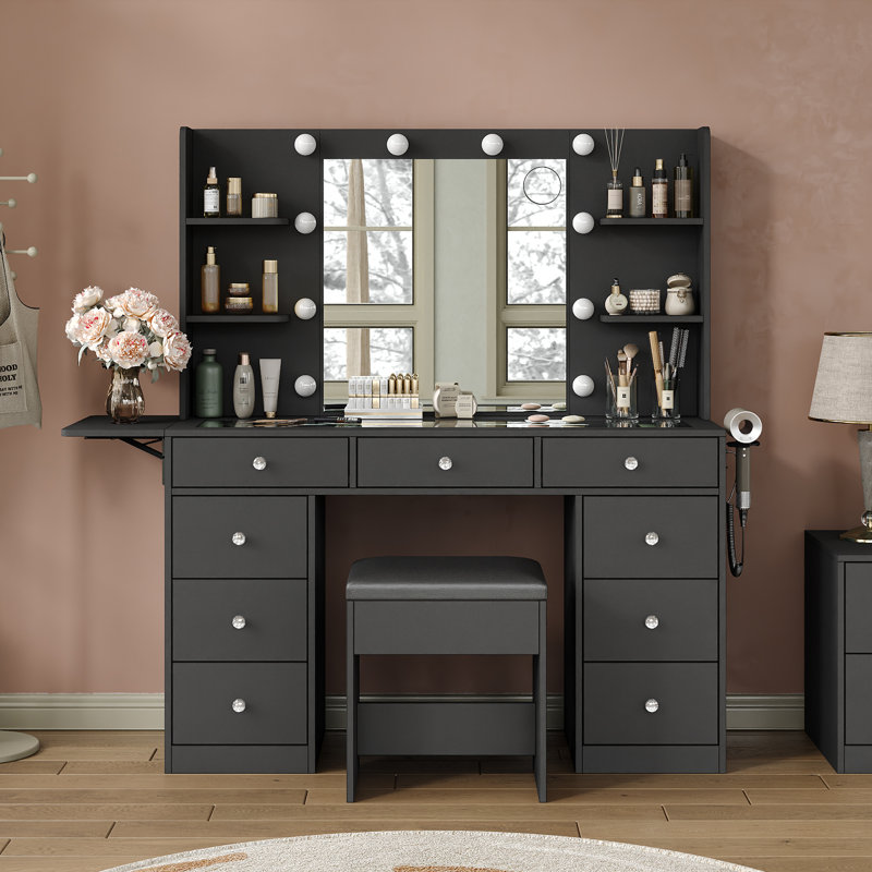 Vanity Desk with Power Outlet, Makeup Vanity with Mirror and 10 LED Lights, 9 Drawers Makeup Table with 4 Shelves, Fold-Up Panel, Vanity Set 3 Lighting Modes Brightness Adjustable