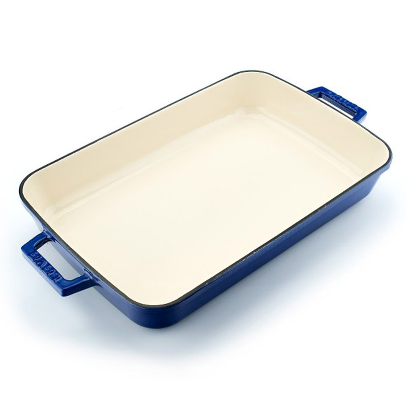 LAVA Enameled Cast Iron Rectangle Roasting Pan, Dark Blue/Cream