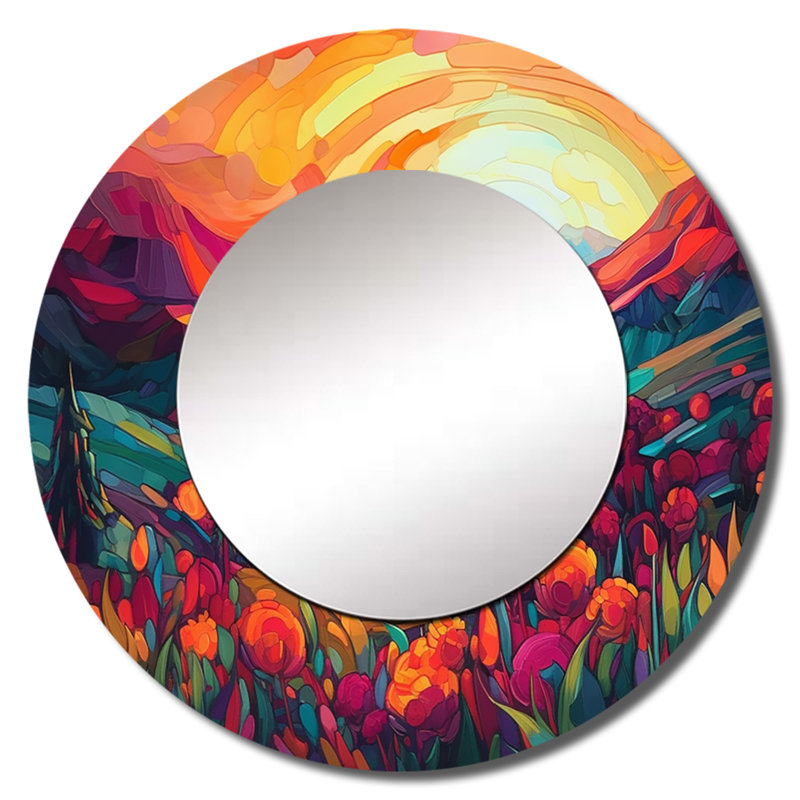 Pavlína Vibrant Sunset Shining Over Mountains I - Mountains Unique Wall Mirror, Orange Round Mirror, Printed Metal Art