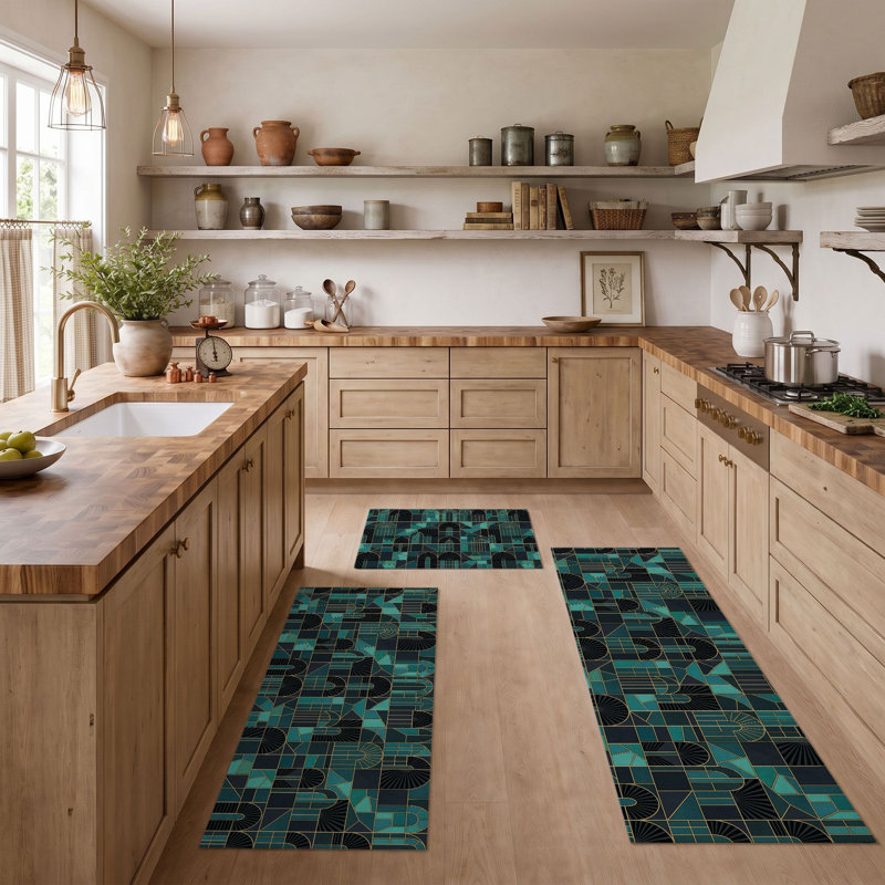 Geometric Teal Non-Slip Washable Kitchen Mats