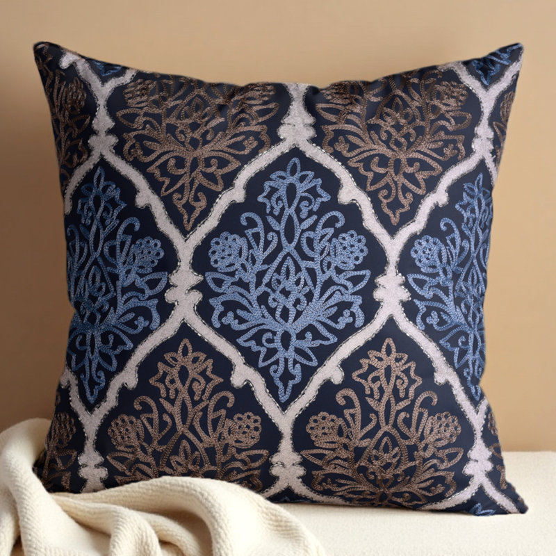 Ensemble de housse de coussin en lin brodé bleu et brun - Décoration de Noël 18 po x 18 po pour canapé, 18 x 18, Bleu brun