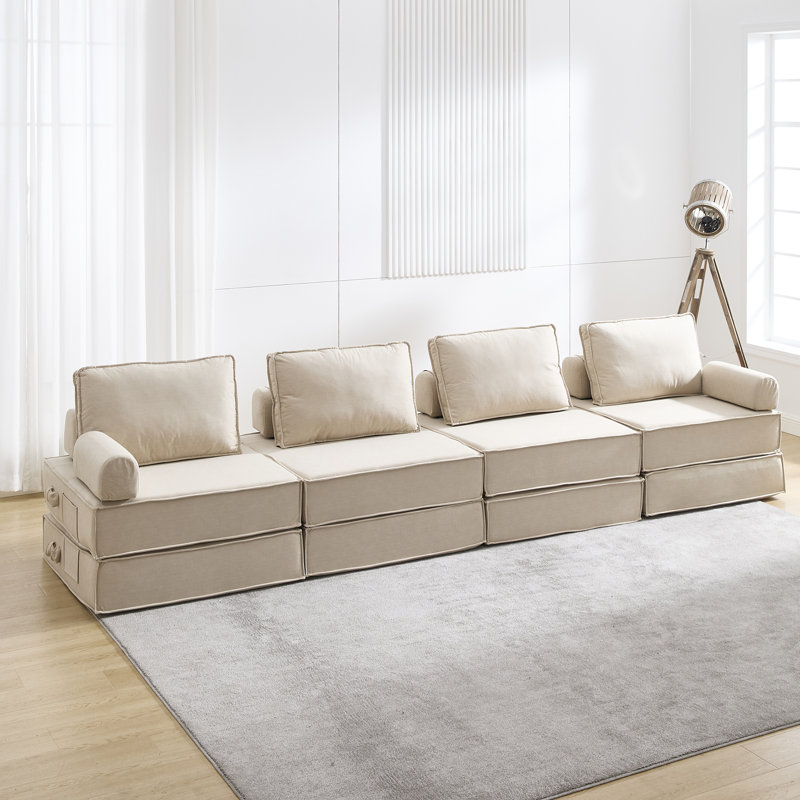 4-Piece Chamois Leather Sectional- No Assembly Required Sofa, Beige Leather Match