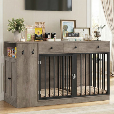 59"W Large Dog Crate Furniture With 3 Drawers And Cabinet