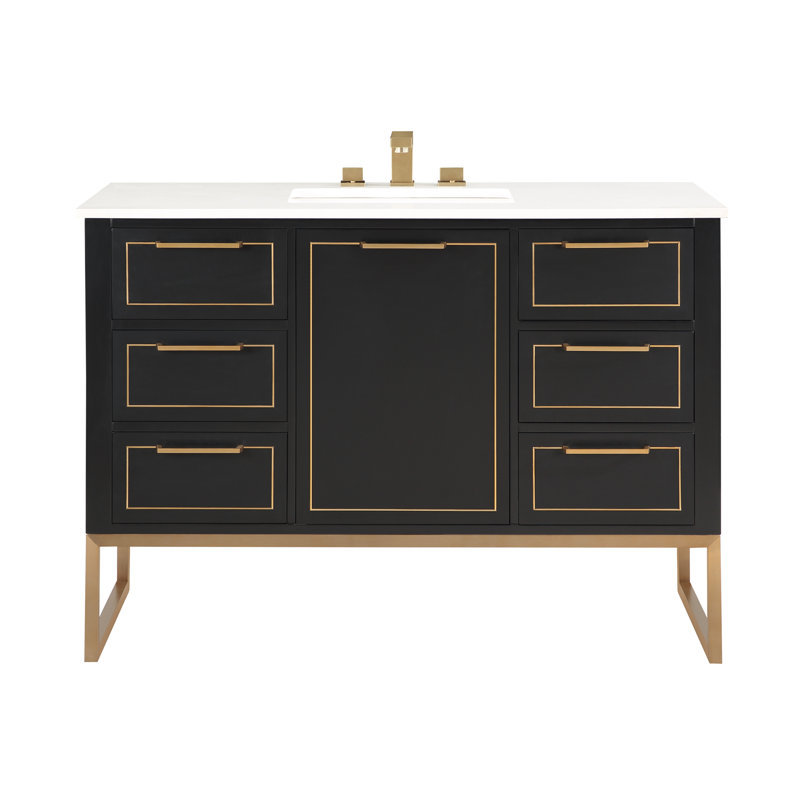 Markham 48'' W Single Vanity, Midnight Black, White Quartz, Satin Brass