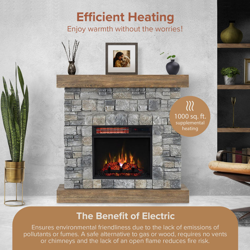 Modern Ember Raeford 40" Faux Stone Brick Surround With Wood Mantel, Includes 18" Electric Fireplace