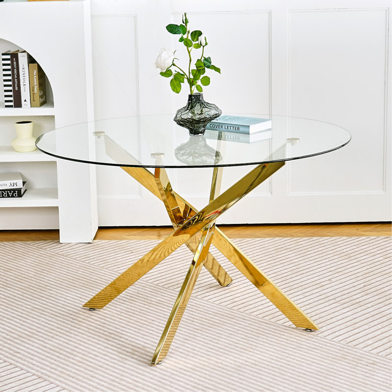 Table moderne simple en verre, matériau en métal de verre trempé de haute qualité, table d'apprentissage de bureau multifonctionnelle, pieds de table carrés plaqués or (ensemble de 1)