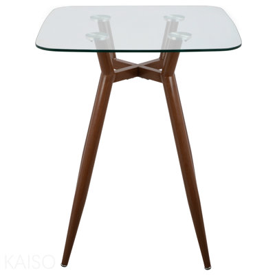 Table de comptoir Mid-Century moderne avec pieds en métal noyer et plateau en verre transparent
