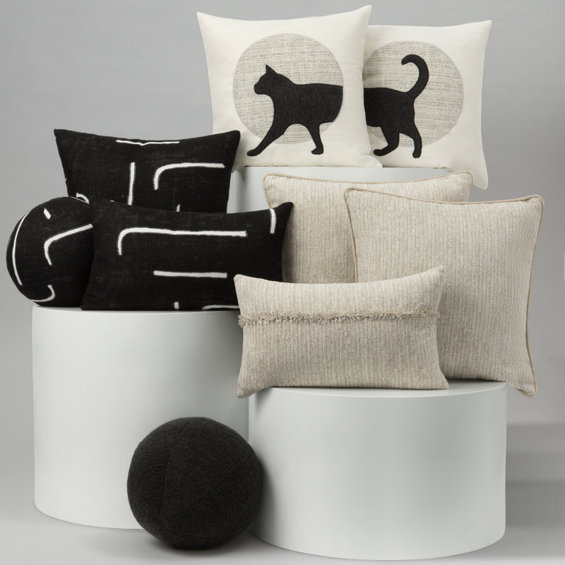 NEW ARRIVALS Circular Indoor/Outdoor Pillow Cover & Insert, Black/Ivory Striped