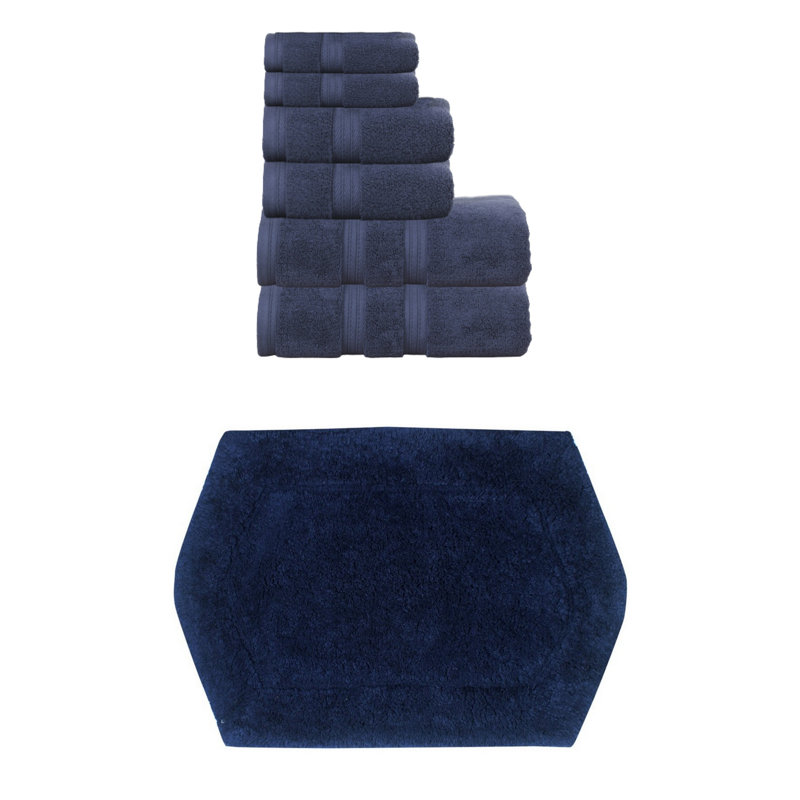 Bryd Collection 100% Soft Cotton 6 Pc Towel Set & 1 Pc 17x24" Bath Rug, (Set of 7), Navy