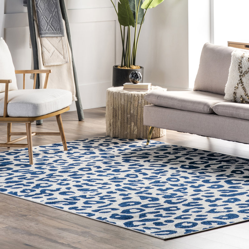 Modern Leopard Print Performance Blue/White Rug, Rectangle 8' x 10'