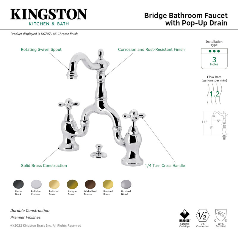 Kingston Brass English Country Two-Handle 3-Hole Deck Mount Bridge Bathroom Faucet with Brass Pop-Up, Polished Brass