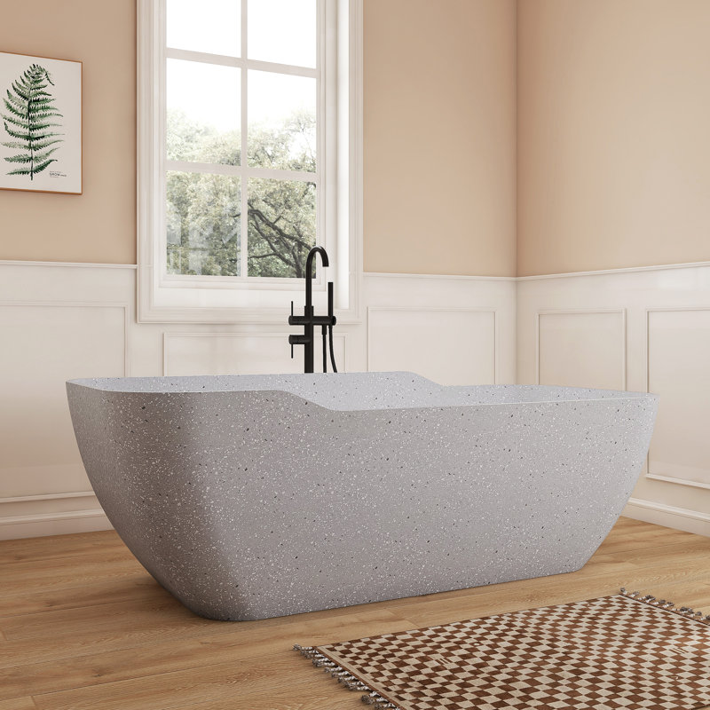 Fslefay 71'' Terrazzo Freestanding Solid Surface Concrete Soaking Bathtub, White