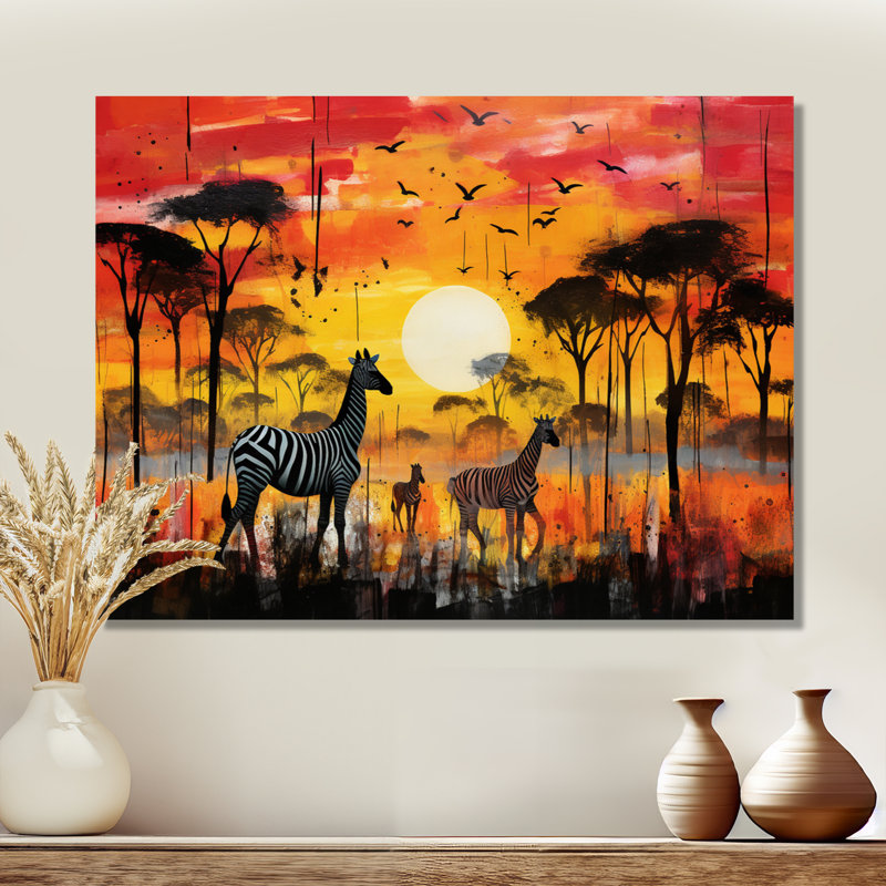 Zèbre itinérant dans la savane sous le soleil couchant - décoration murale animal zèbre, Toile tendue