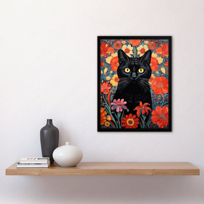 Stylish Black Cat Red Flowers Floral Design Lucky Witch - Single Picture Frame Print