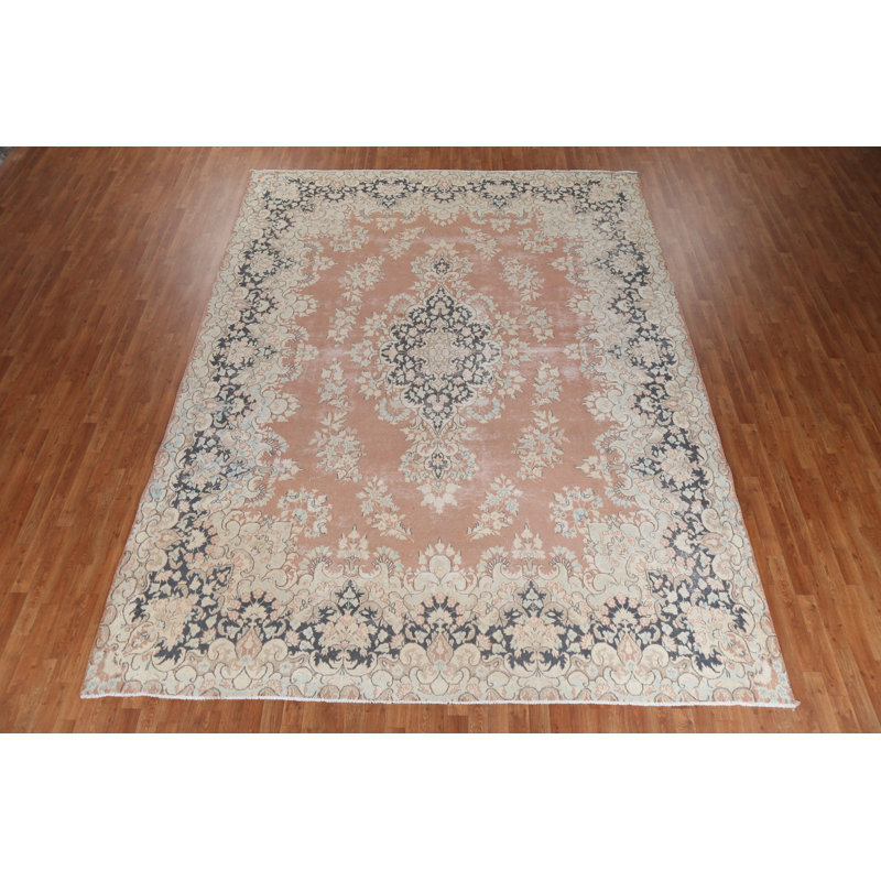 Tapis persan Kerman en laine à motif floral rétro noué à la main 10 x 13