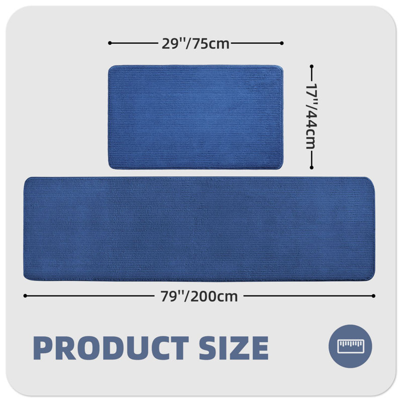 Demarus Solid Colour Polyester Non-Skid Kitchen Mat, Rectangle 6'7" x 1'5", Blue