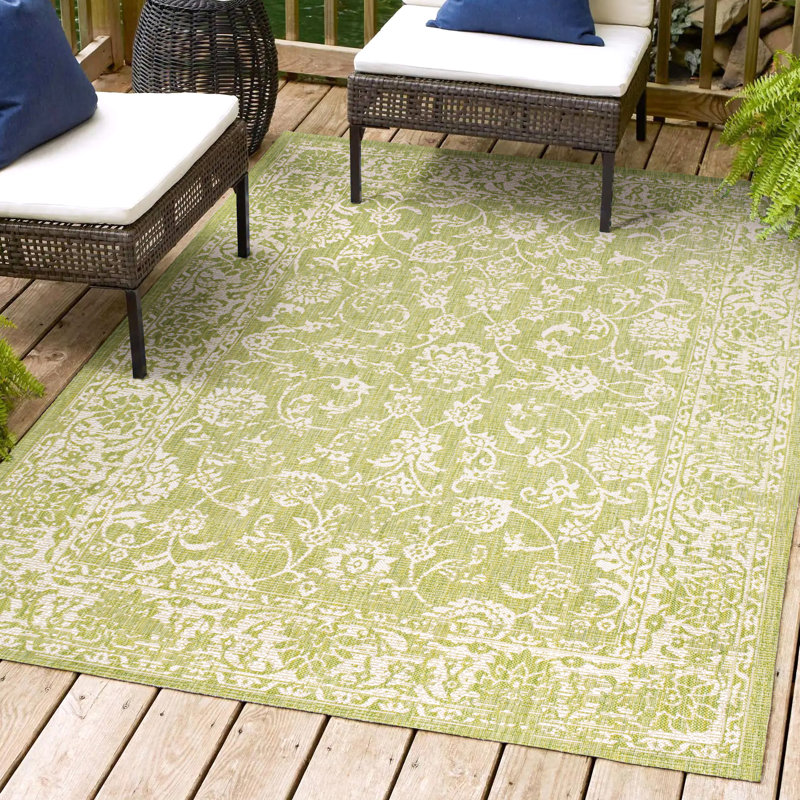 Demians Bohemian Textured Weave Floral Green/Cream Indoor/Outdoor Rug, Rectangle 5'3" x 7'7"