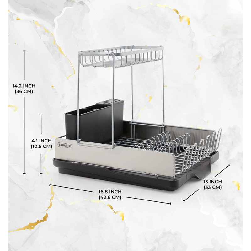 Utensil Caddy Compact Dish Drying Rack  With Second Tier, Rust Resistant Wires And Angled Drain Board To Dry Plates, Bowls, Cups And Flatware,Silver And Black,16.8In D X 13In W X 14.2In H