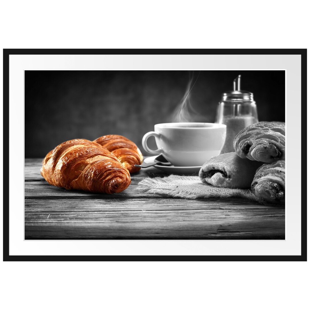 Gerahmtes Poster Croissants mit frischem Kaffee