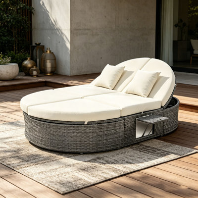 Lit de jour d'extérieur pour 2 personnes avec coussins et coussins, chaise longue inclinable de jardin en rotin avec dossiers réglables et plateaux à tasses pliables pour la pelouse