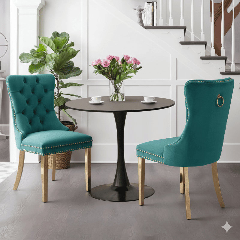 Round Dining Table Sets with 2 chairs, Black, Green/Gold