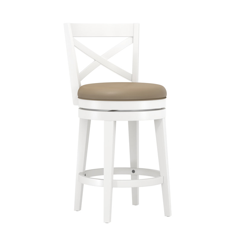 Ewan Swivel Upholstered Counter Stool with Solid Wood Frame, White, Counter Stool  (26.25" Seat Height)