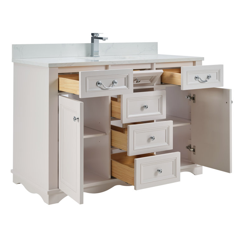 48" Solid Wood Single Bathroom Vanity with 1" Engineered Marble Top, Dreamy White