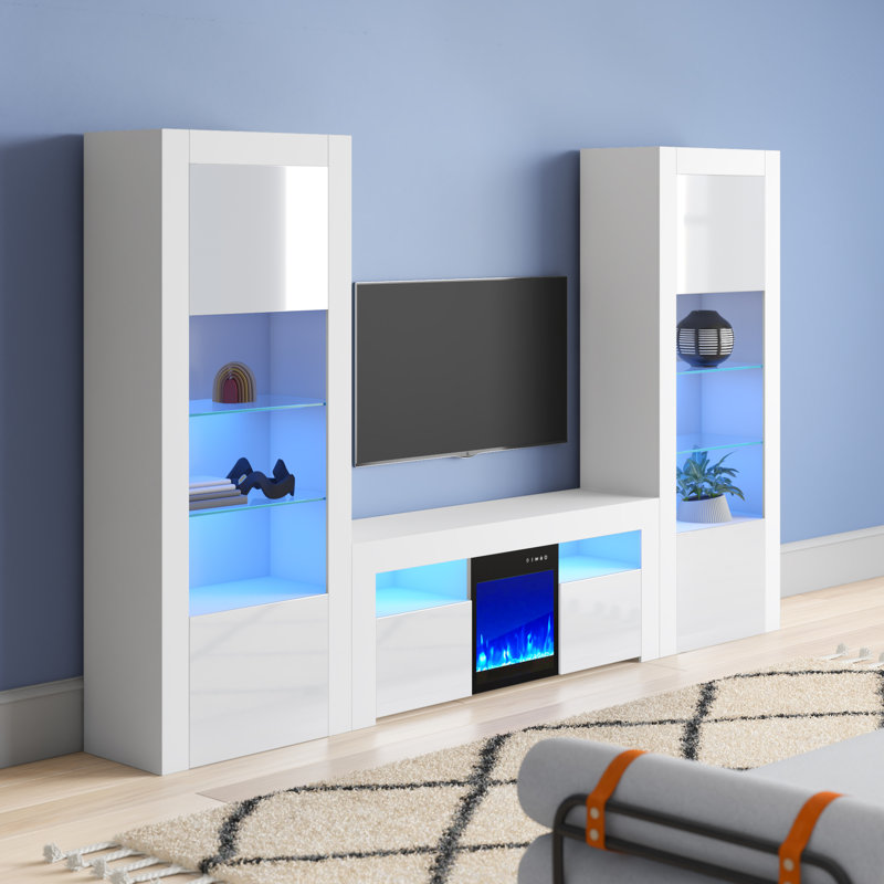 Meuble audio-vidéo Earle pour téléviseur de 65 po ou moins avec foyer électrique Earle, Blanc