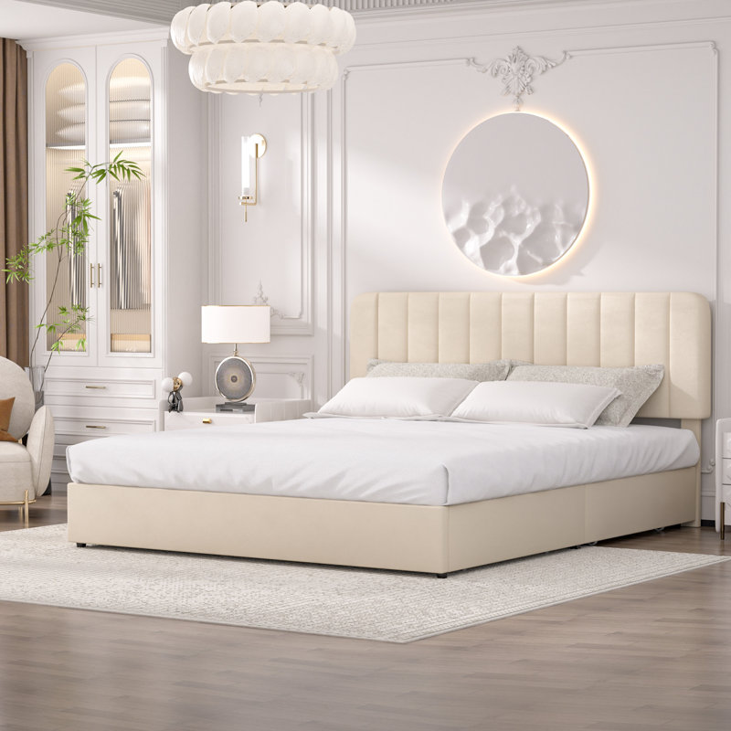 Huntsville 4-Drawer Velvet Upholstered Platform Bed, Beige, King