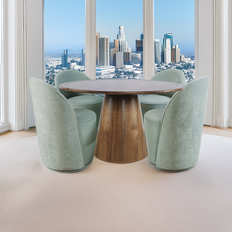 Hollomon Mid-century Modern Five Piece Dining Set With Upholstered Swivel Chairs, Blue