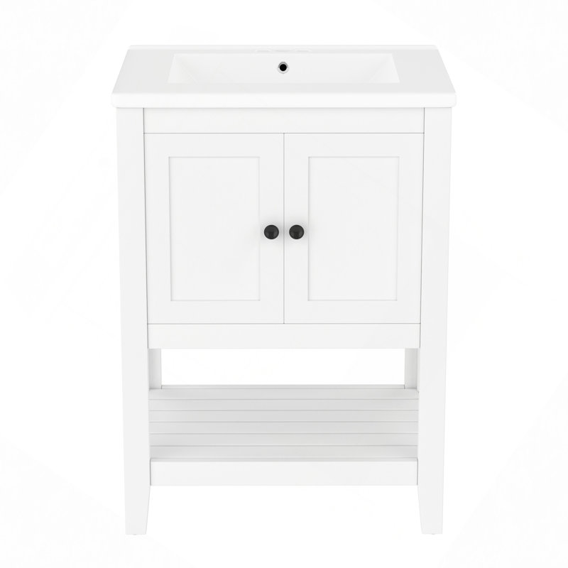 Lavabo de salle de bain moderne élégant en céramique 24 po avec tablette ouverte en bois massif, Blanc